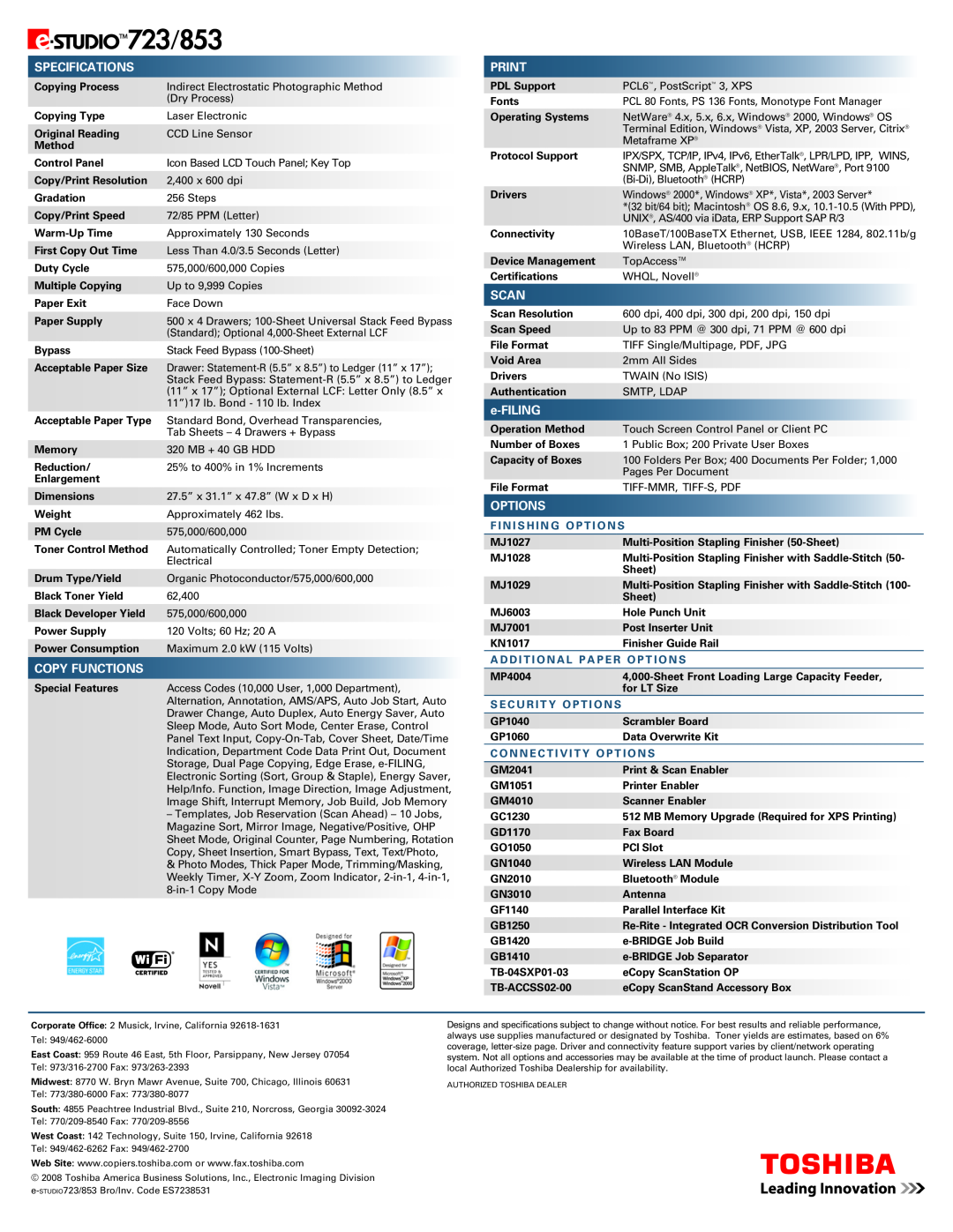Toshiba eSTUDIO 723 manual Specifications, Copy Functions, Print, Scan, e-FILING, Options, F I N I S H I N G O P T I O N S 