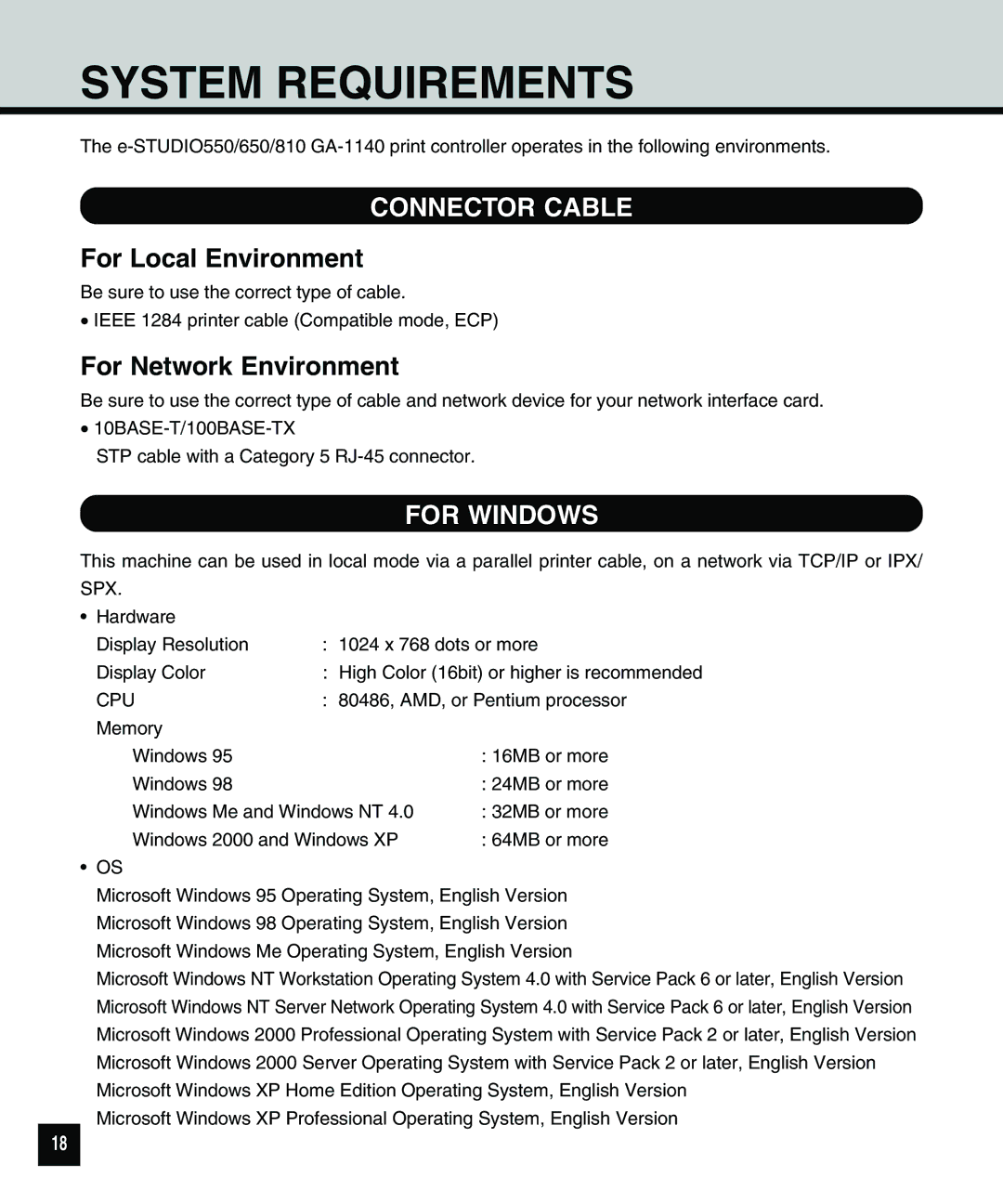 Toshiba e.STUDIO550 System Requirements, Connector Cable, For Local Environment, For Network Environment, For Windows 