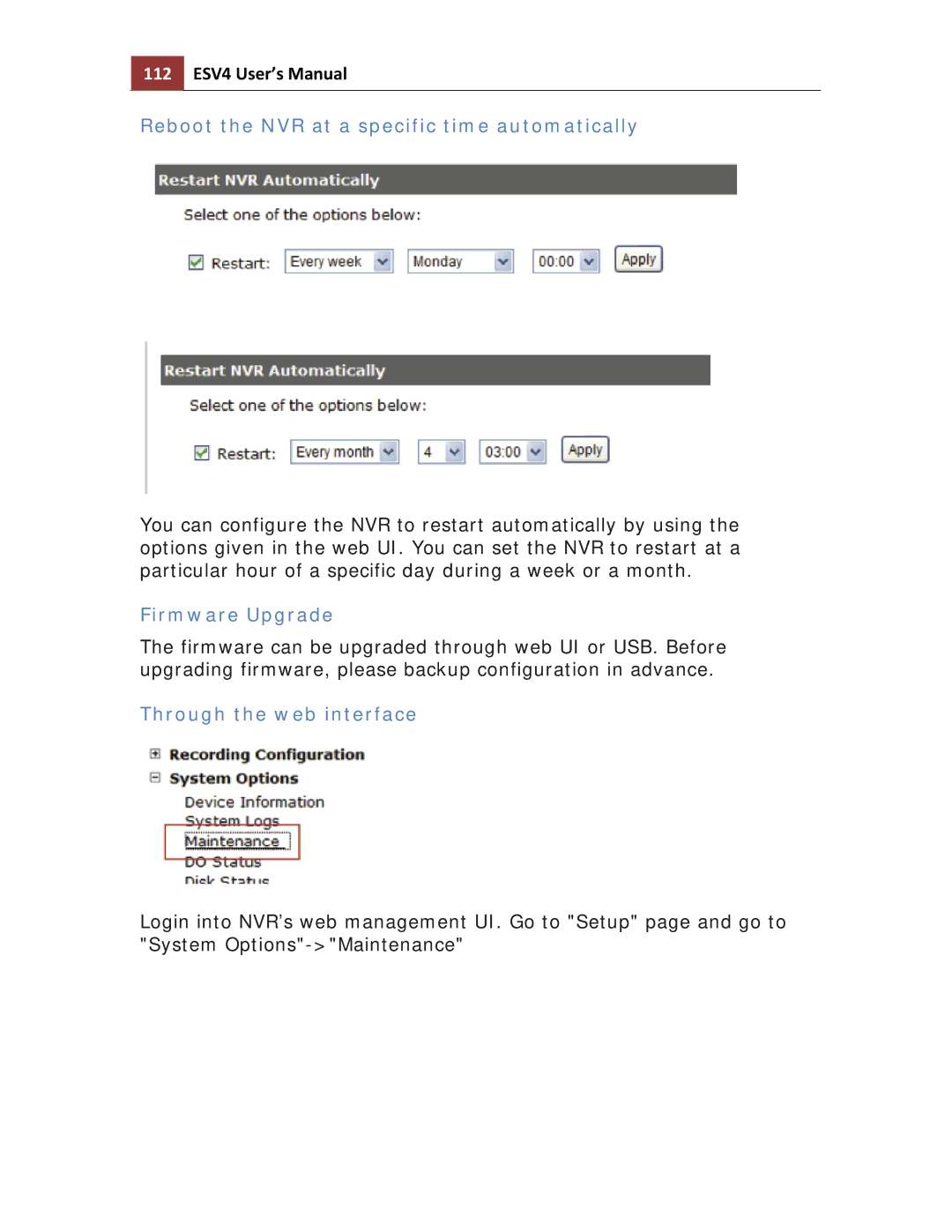 Toshiba ESV41T user manual 112 ESV4 User’s Manual, Reboot the NVR at a specific time automatically, Firmware Upgrade 