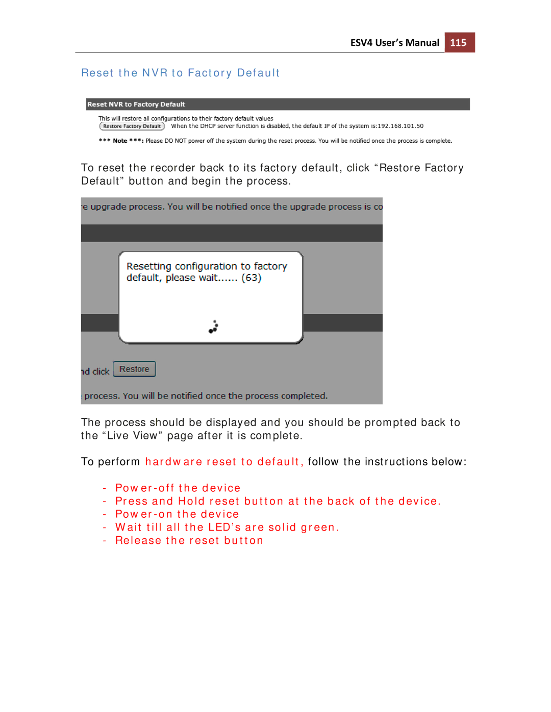 Toshiba ESV41T user manual Reset the NVR to Factory Default 