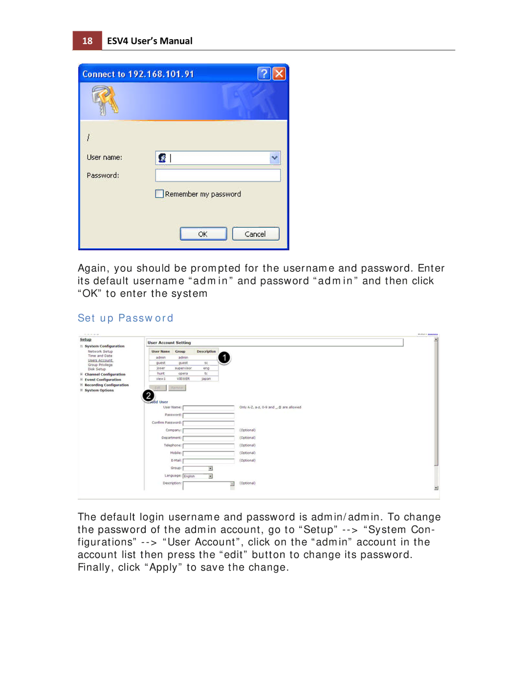 Toshiba ESV41T user manual 18 ESV4 User’s Manual, Set up Password 