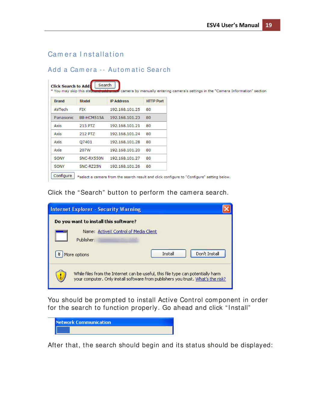 Toshiba ESV41T user manual Camera Installation, Add a Camera -- Automatic Search 