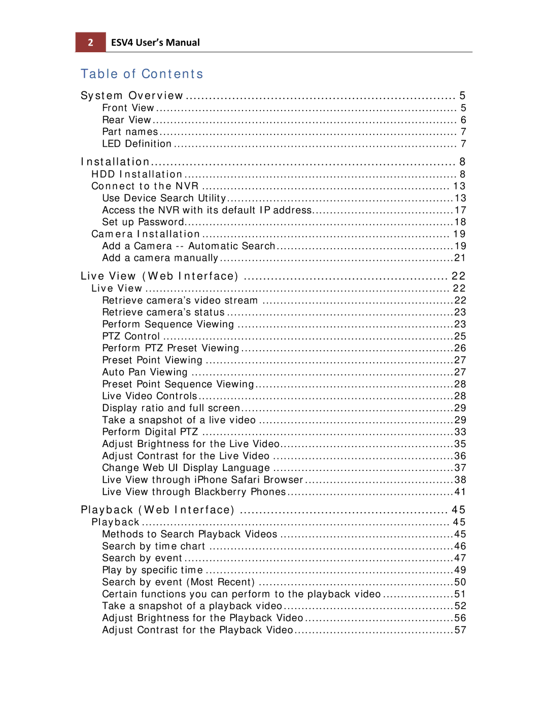 Toshiba ESV41T user manual Table of Contents 