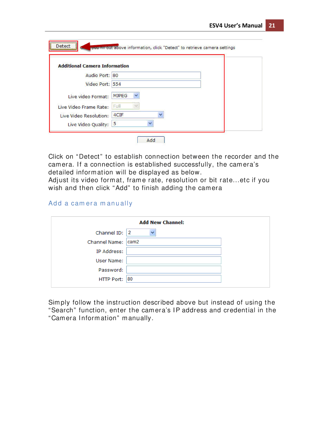 Toshiba ESV41T user manual Add a camera manually 