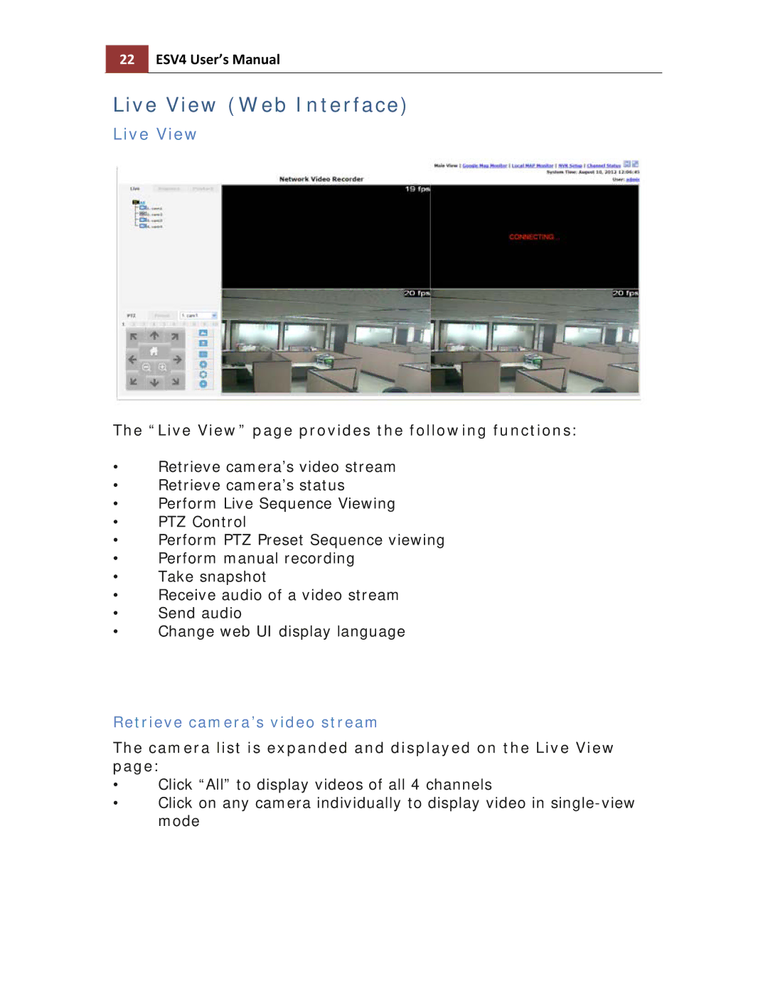 Toshiba ESV41T user manual Live View, 22 ESV4 User’s Manual, Retrieve camera’s video stream 