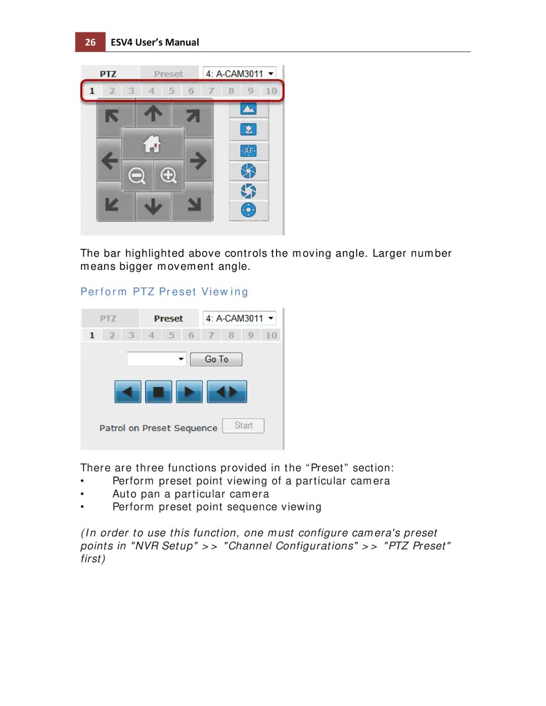 Toshiba ESV41T user manual 26 ESV4 User’s Manual, Perform PTZ Preset Viewing 