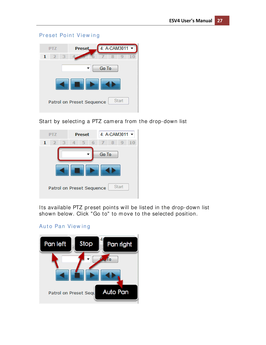 Toshiba ESV41T user manual Preset Point Viewing, Auto Pan Viewing 