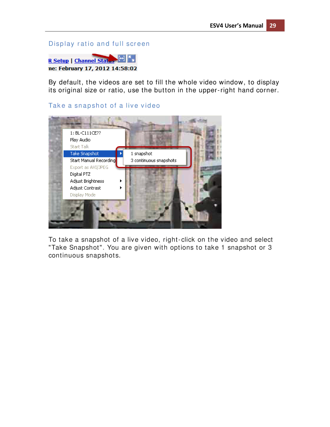 Toshiba ESV41T user manual Display ratio and full screen, Take a snapshot of a live video 