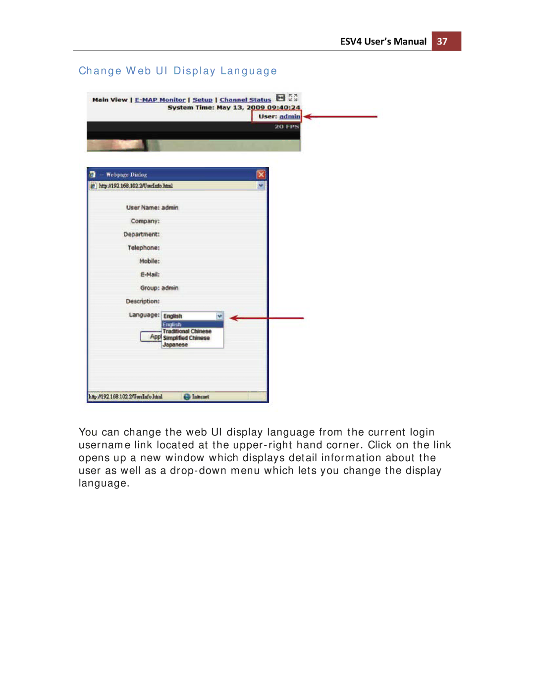 Toshiba ESV41T user manual Change Web UI Display Language 