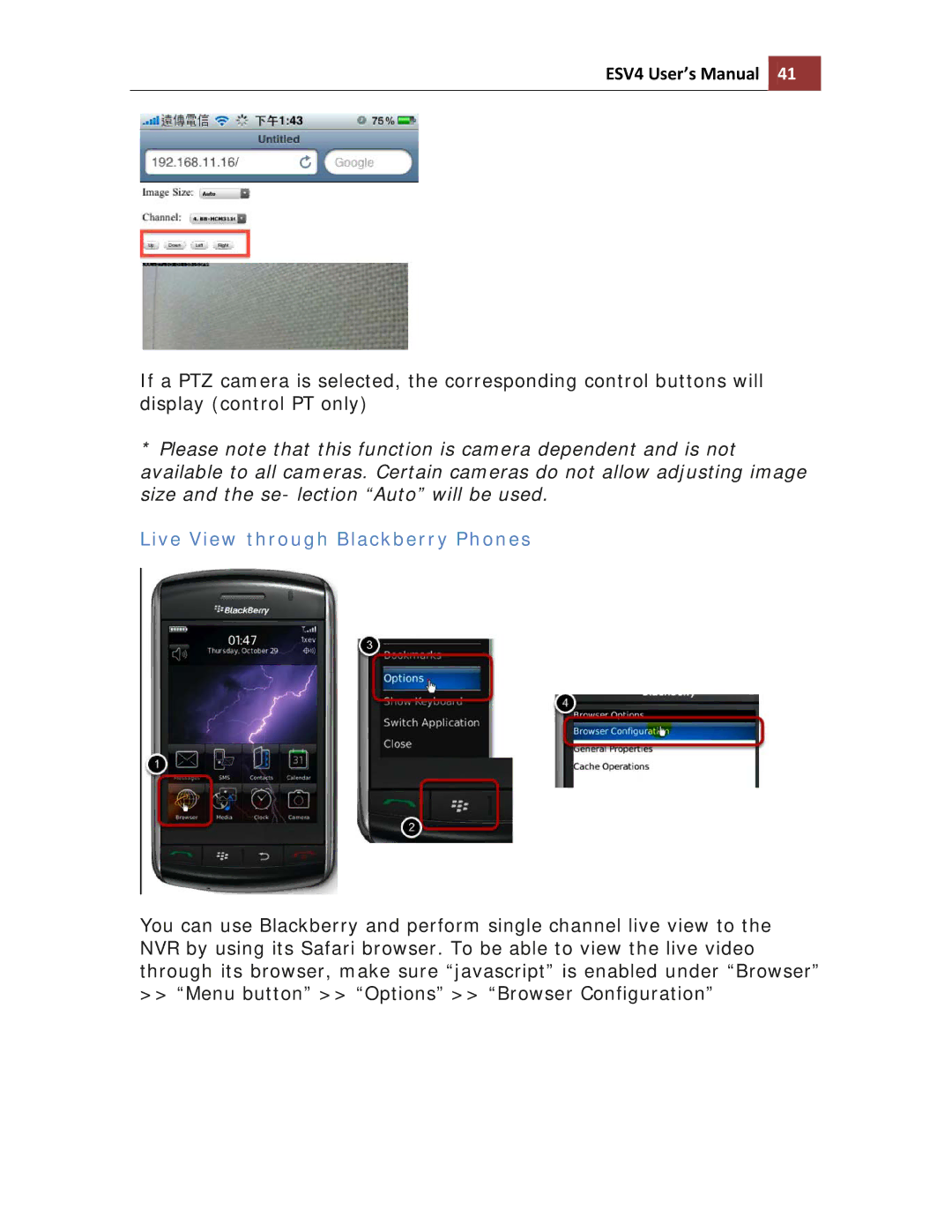 Toshiba ESV41T user manual Live View through Blackberry Phones 