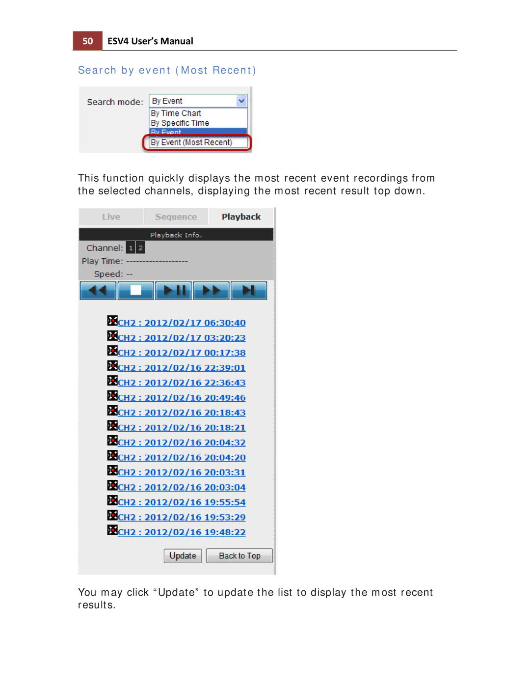 Toshiba ESV41T user manual 50 ESV4 User’s Manual, Search by event Most Recent 