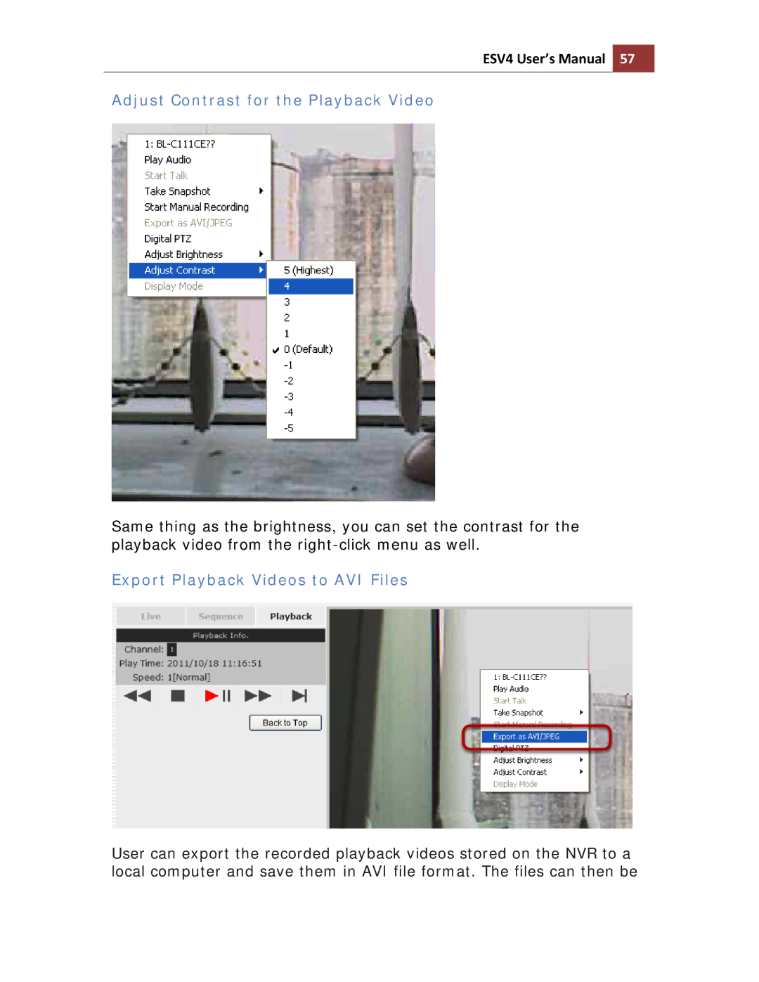 Toshiba ESV41T user manual Adjust Contrast for the Playback Video, Export Playback Videos to AVI Files 