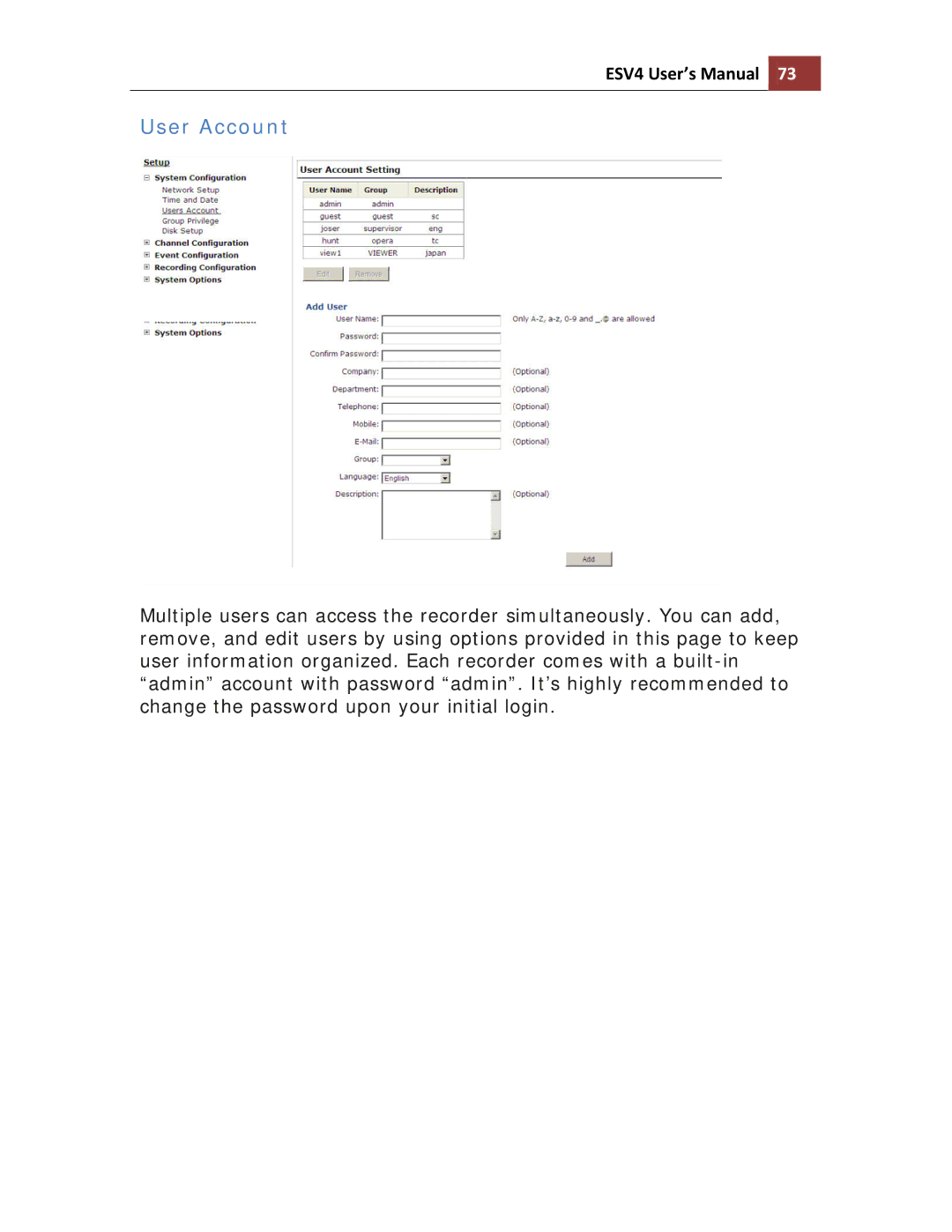 Toshiba ESV41T user manual User Account 