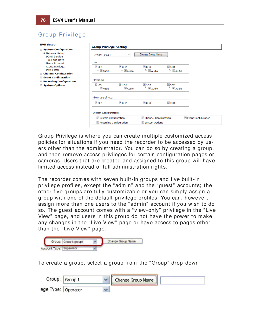 Toshiba ESV41T user manual Group Privilege, 76 ESV4 User’s Manual 