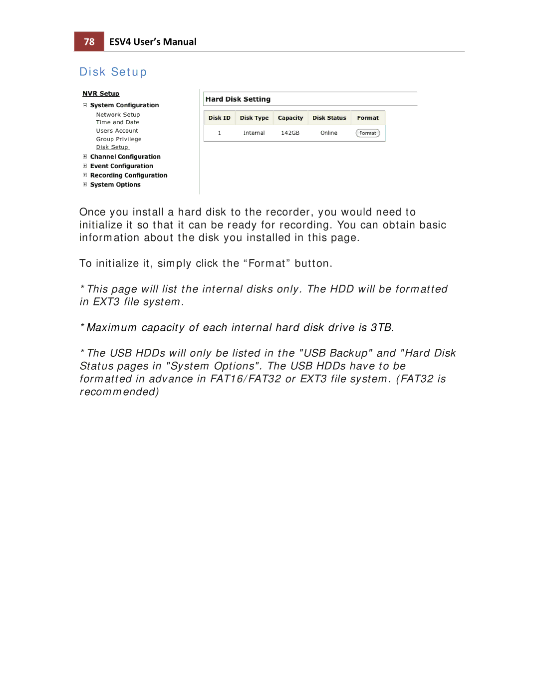 Toshiba ESV41T user manual Disk Setup, 78 ESV4 User’s Manual 