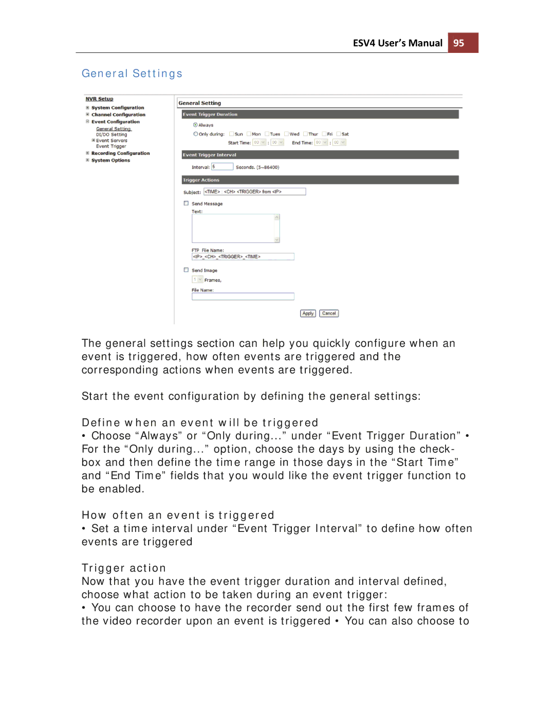 Toshiba ESV41T user manual General Settings, Define when an event will be triggered 