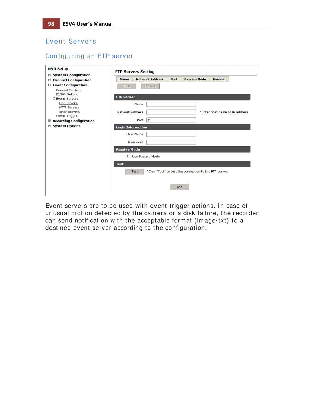 Toshiba ESV41T user manual Event Servers, 98 ESV4 User’s Manual, Configuring an FTP server 