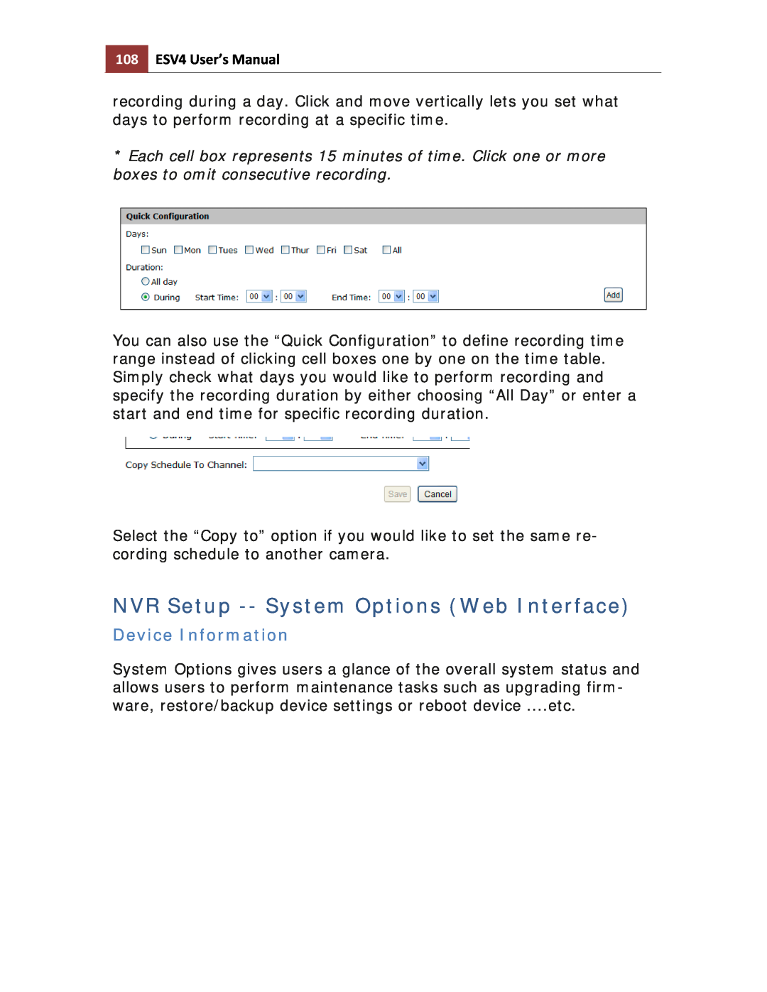 Toshiba ESV41T user manual NVR Setup --System Options Web Interface, Device Information, 108ESV4 User’s Manual 