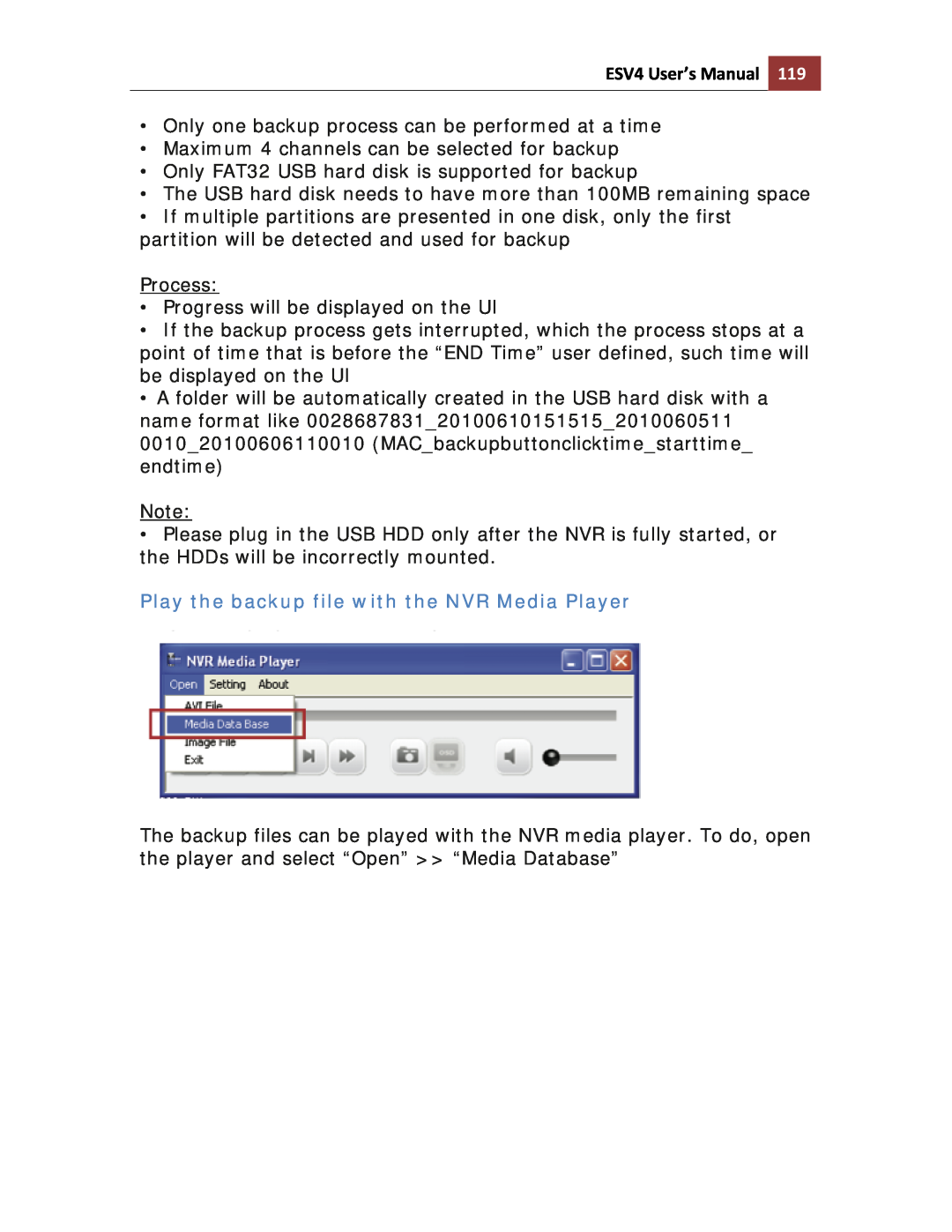 Toshiba ESV41T user manual Play the backup file with the NVR Media Player, ESV4 User’s Manual 