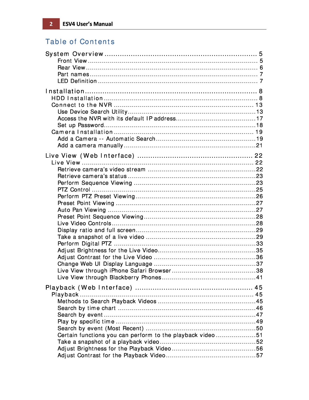 Toshiba ESV41T user manual 2ESV4 User’s Manual, Table of Contents 