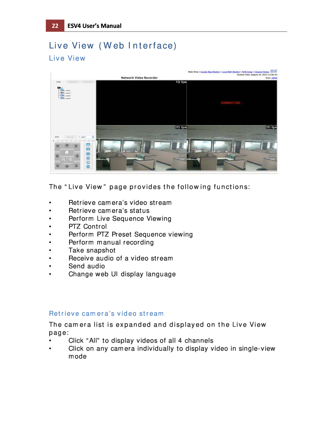 Toshiba ESV41T user manual Live View Web Interface, 22ESV4 User’s Manual, Retrieve camera’s video stream 