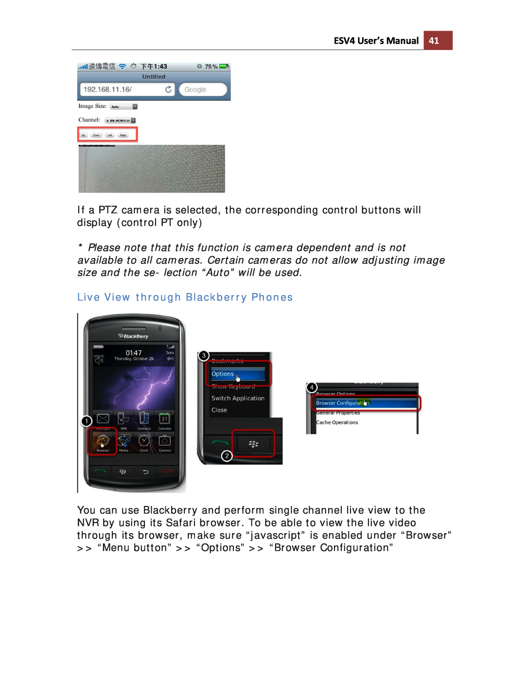Toshiba ESV41T user manual Live View through Blackberry Phones, ESV4 User’s Manual 