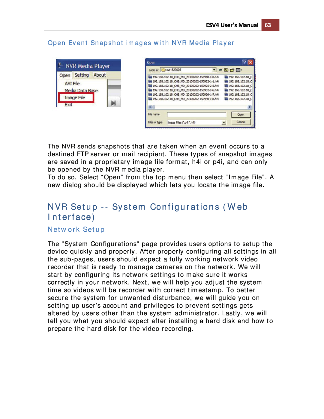 Toshiba ESV41T user manual NVR Setup --System Configurations Web Interface, Network Setup, ESV4 User’s Manual 