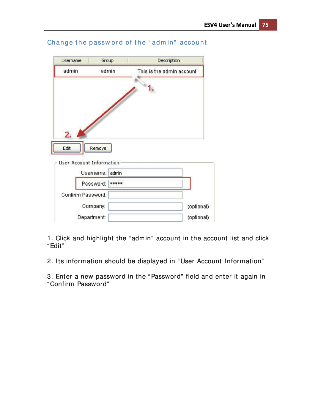 Toshiba ESV41T user manual Change the password of the “admin” account, ESV4 User’s Manual 