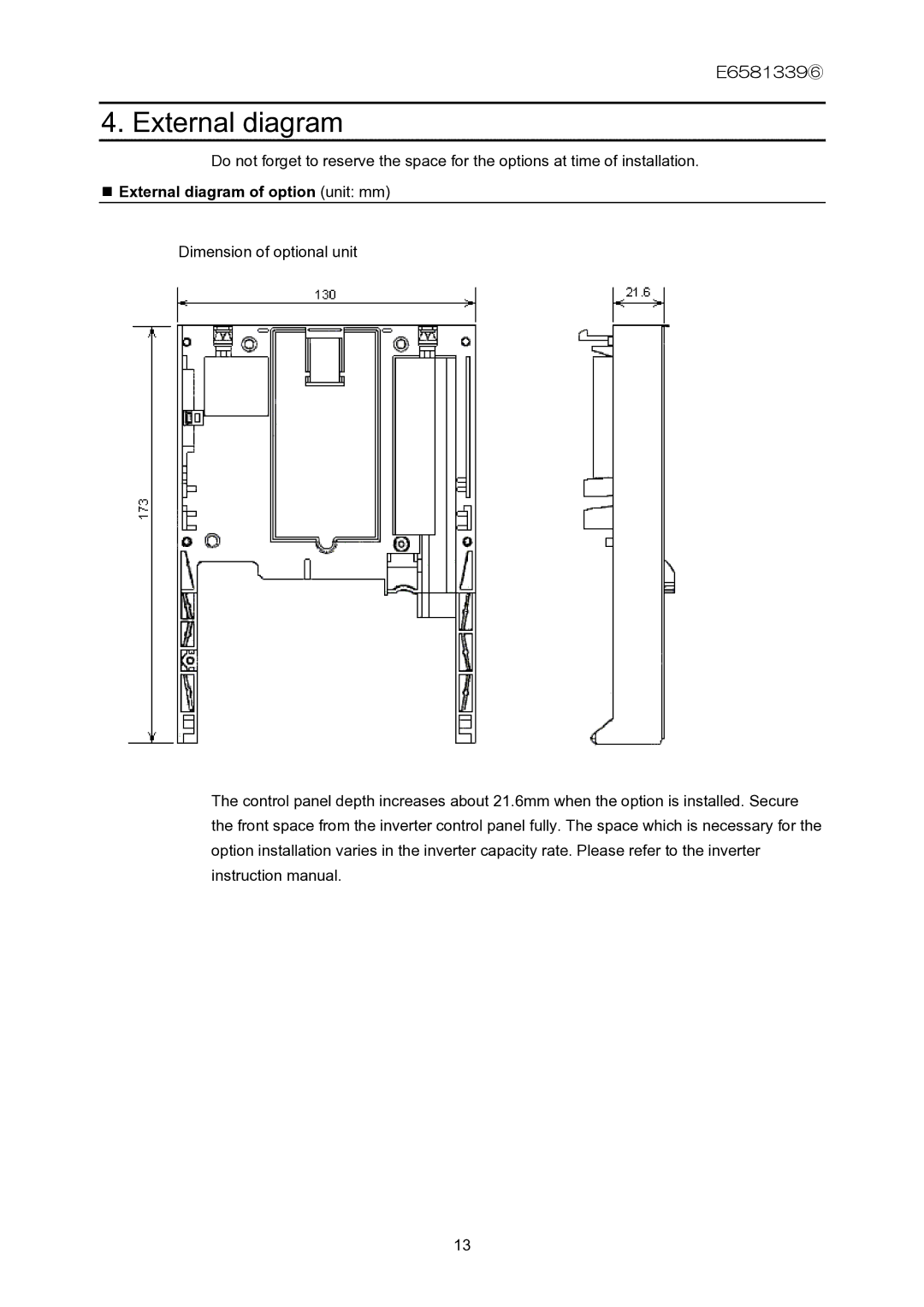 Toshiba ETB003Z instruction manual External diagram of option unit mm 