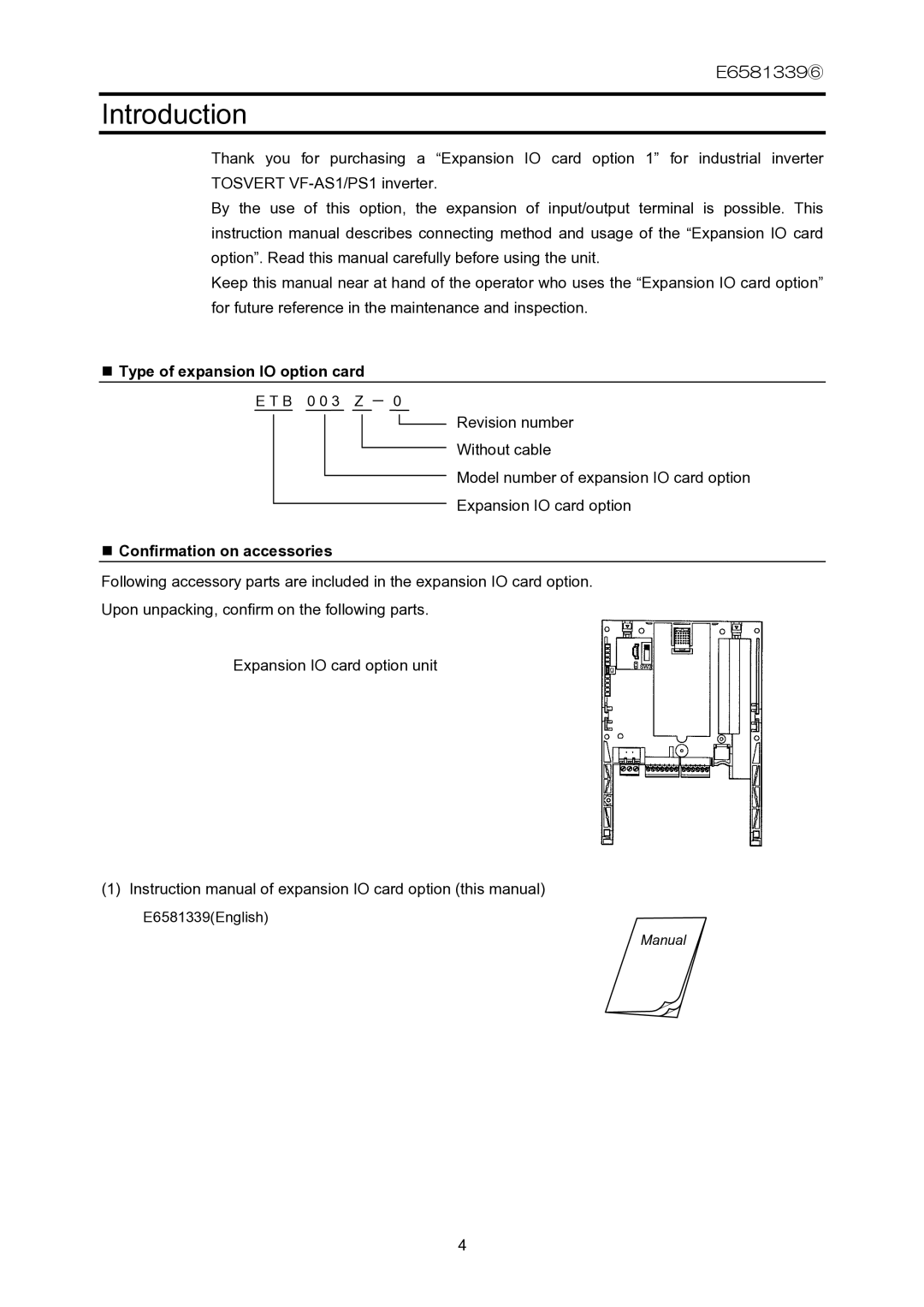 Toshiba ETB003Z instruction manual Introduction, Type of expansion IO option card, Confirmation on accessories 