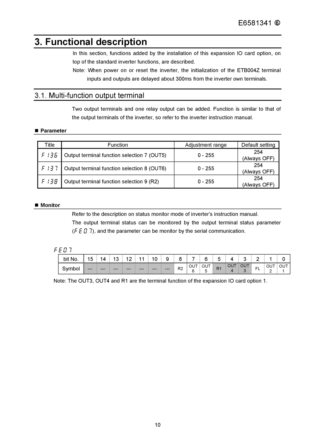 Toshiba ETB004Z instruction manual Functional description, Multi-function output terminal, Parameter, Monitor 