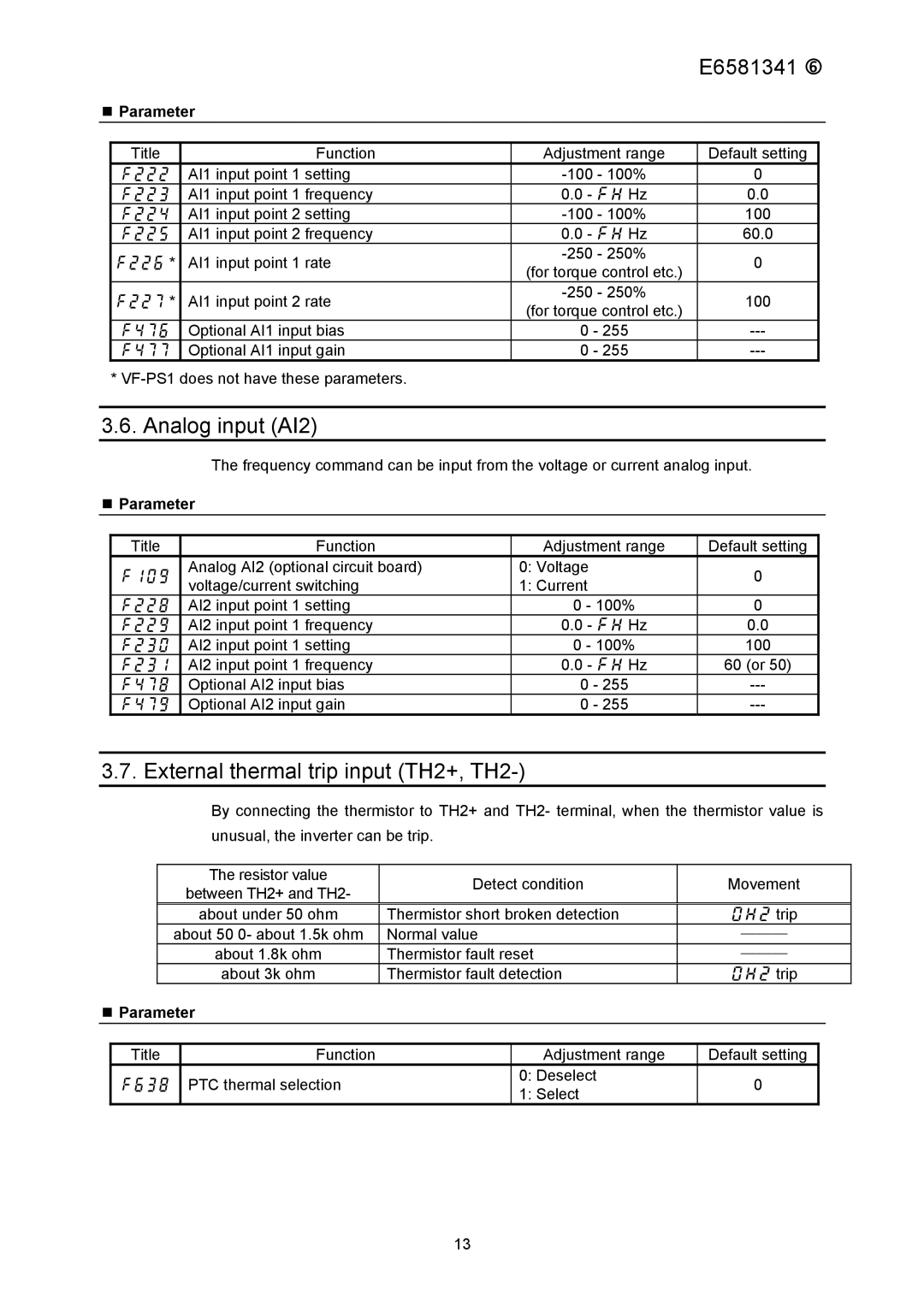 Toshiba ETB004Z instruction manual Analog input AI2, External thermal trip input TH2+, TH2 