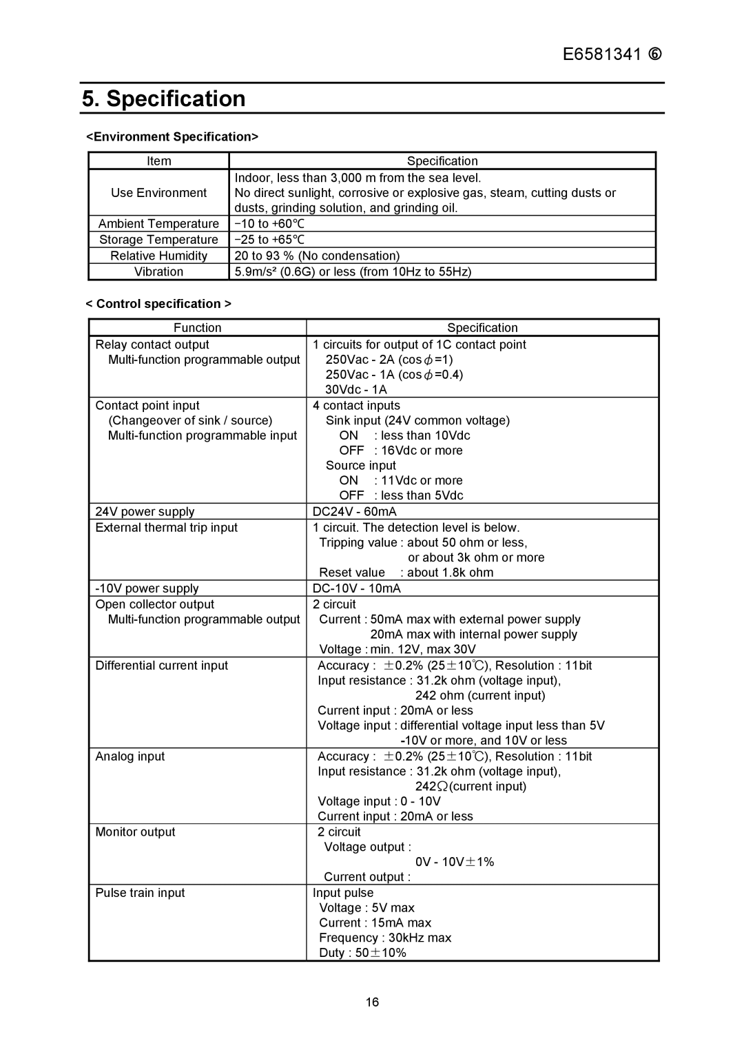 Toshiba ETB004Z instruction manual Environment Specification, Control specification 