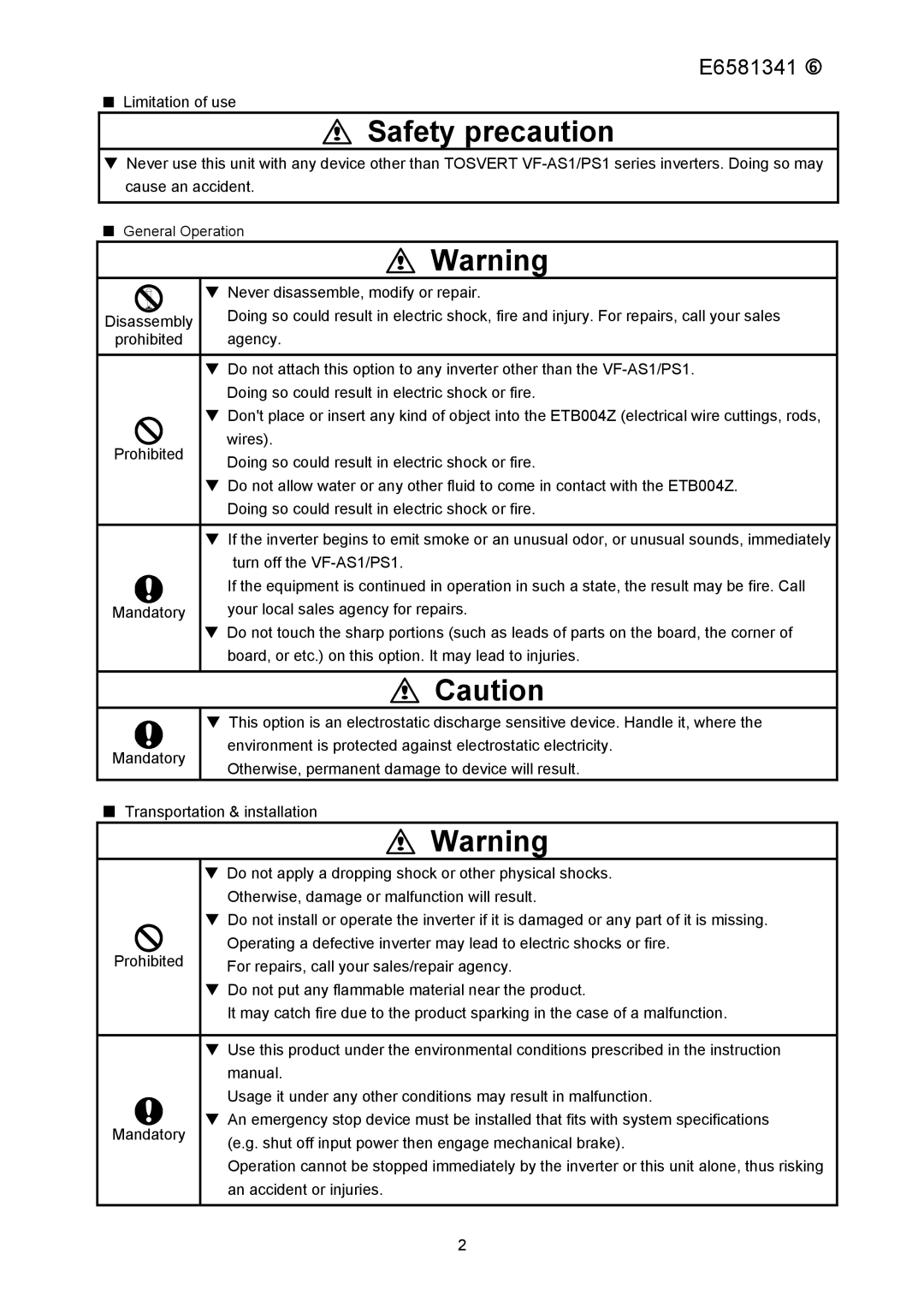 Toshiba ETB004Z instruction manual Safety precaution 