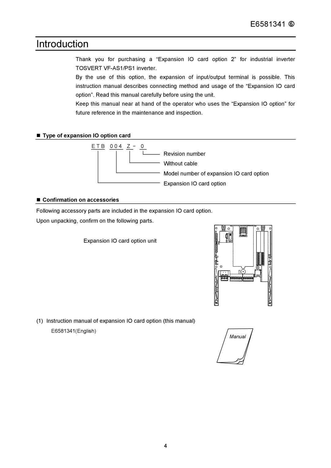 Toshiba ETB004Z instruction manual Type of expansion IO option card, Confirmation on accessories 