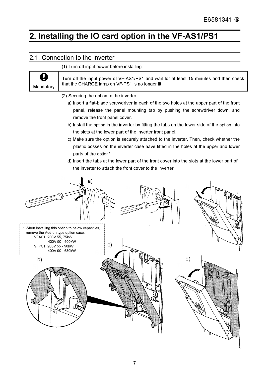 Toshiba ETB004Z instruction manual Installing the IO card option in the VF-AS1/PS1, Connection to the inverter 