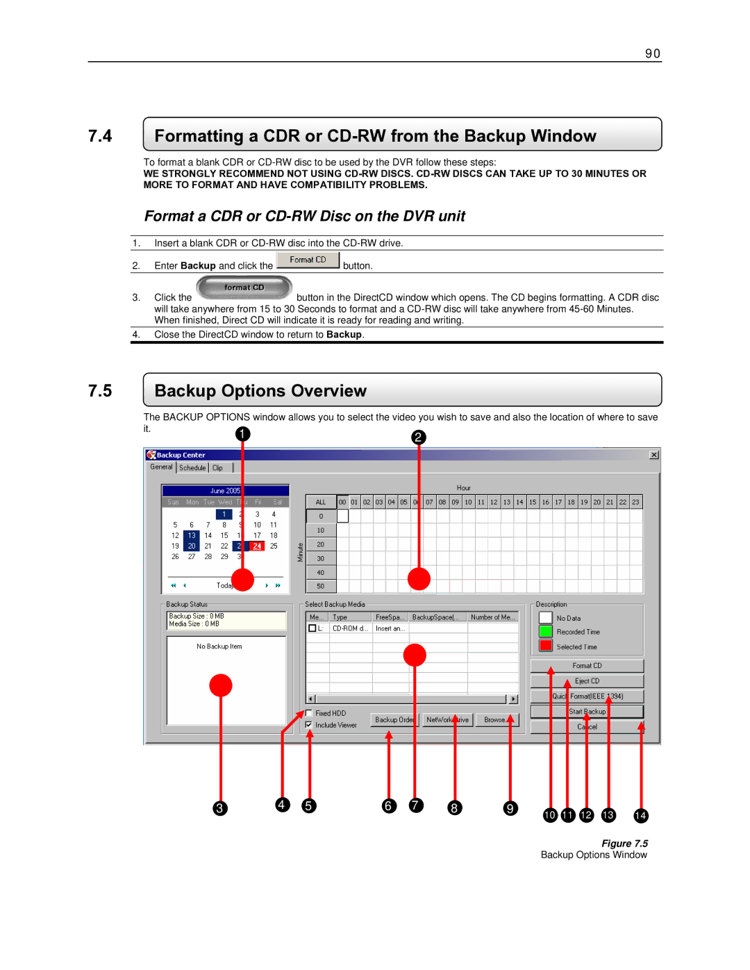 Toshiba DVR8-X, EVR8-X, EVR32-X, DVR16-X, EVR16-X Formatting a CDR or CD-RW from the Backup Window, Backup Options Overview 