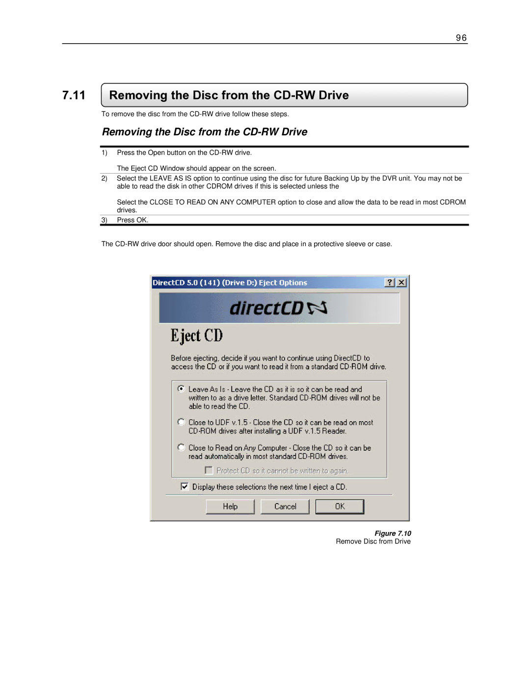 Toshiba DVR8-X, EVR8-X, EVR32-X, DVR16-X, EVR16-X, EVR64-X user manual Removing the Disc from the CD-RW Drive 