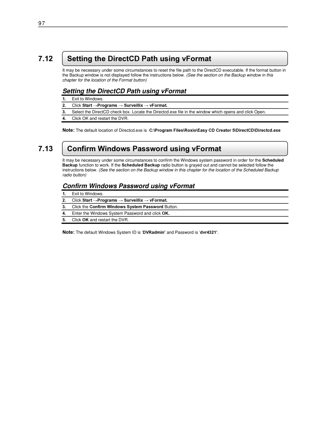 Toshiba EVR16-X, EVR8-X, EVR32-X, DVR16-X Setting the DirectCD Path using vFormat, Confirm Windows Password using vFormat 