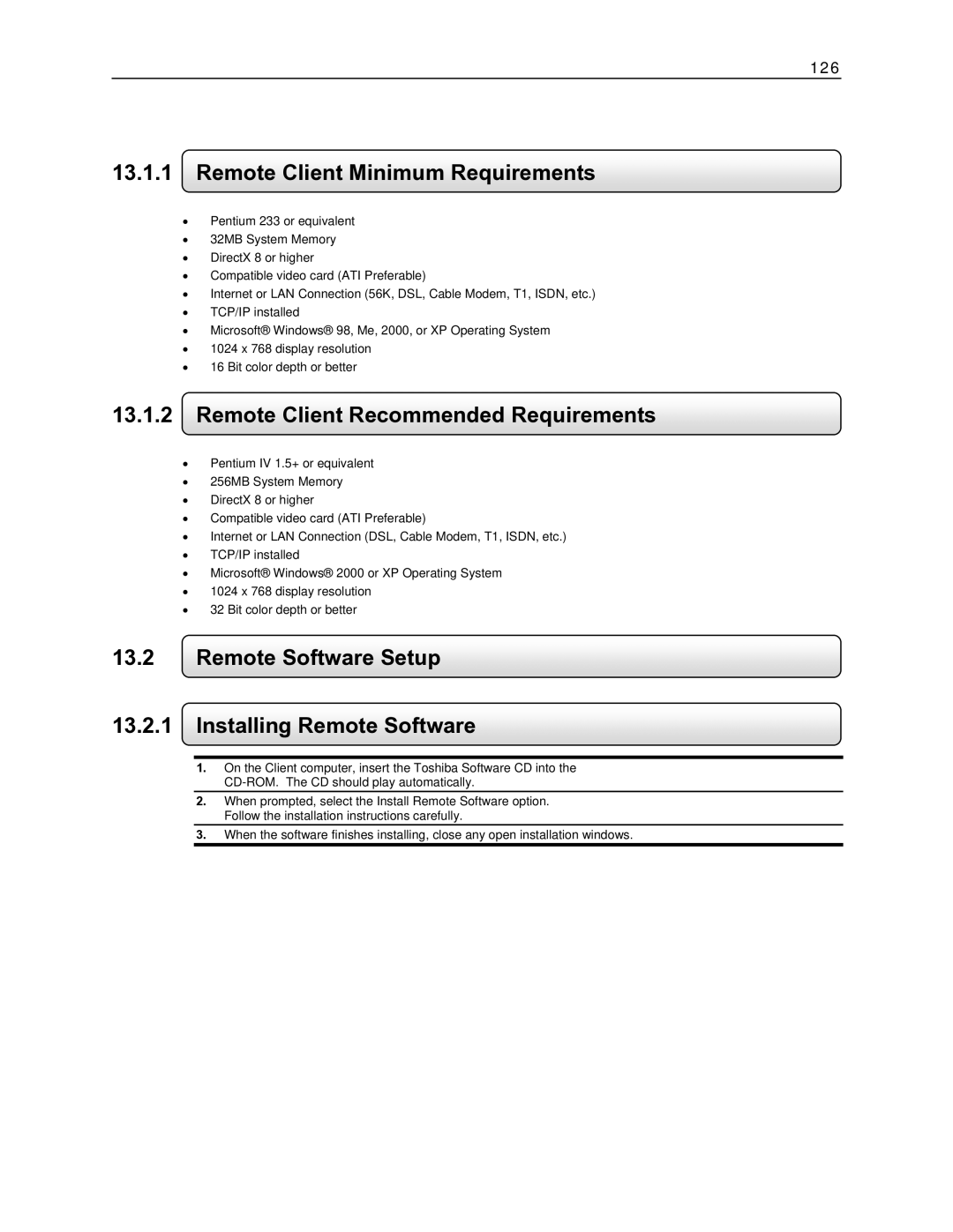 Toshiba DVR8-X, EVR8-X, EVR32-X, DVR16-X, EVR16-X Remote Client Minimum Requirements, Remote Client Recommended Requirements 