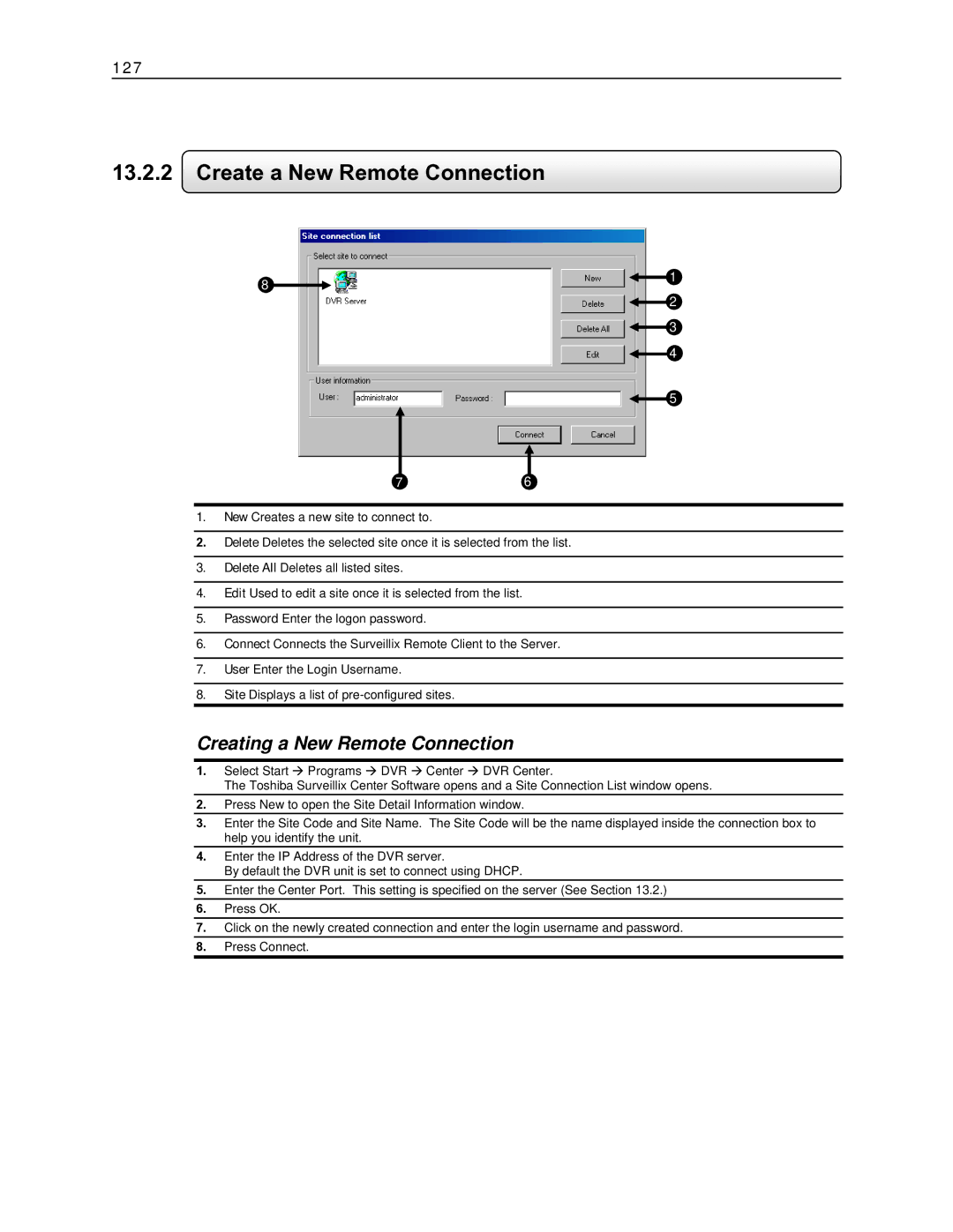 Toshiba EVR16-X, EVR8-X, EVR32-X, DVR16-X, DVR8-X, EVR64-X Create a New Remote Connection, Creating a New Remote Connection 