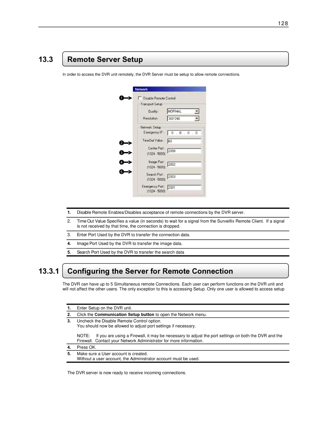 Toshiba EVR64-X, EVR8-X, EVR32-X, DVR16-X, DVR8-X, EVR16-X Remote Server Setup, Configuring the Server for Remote Connection 