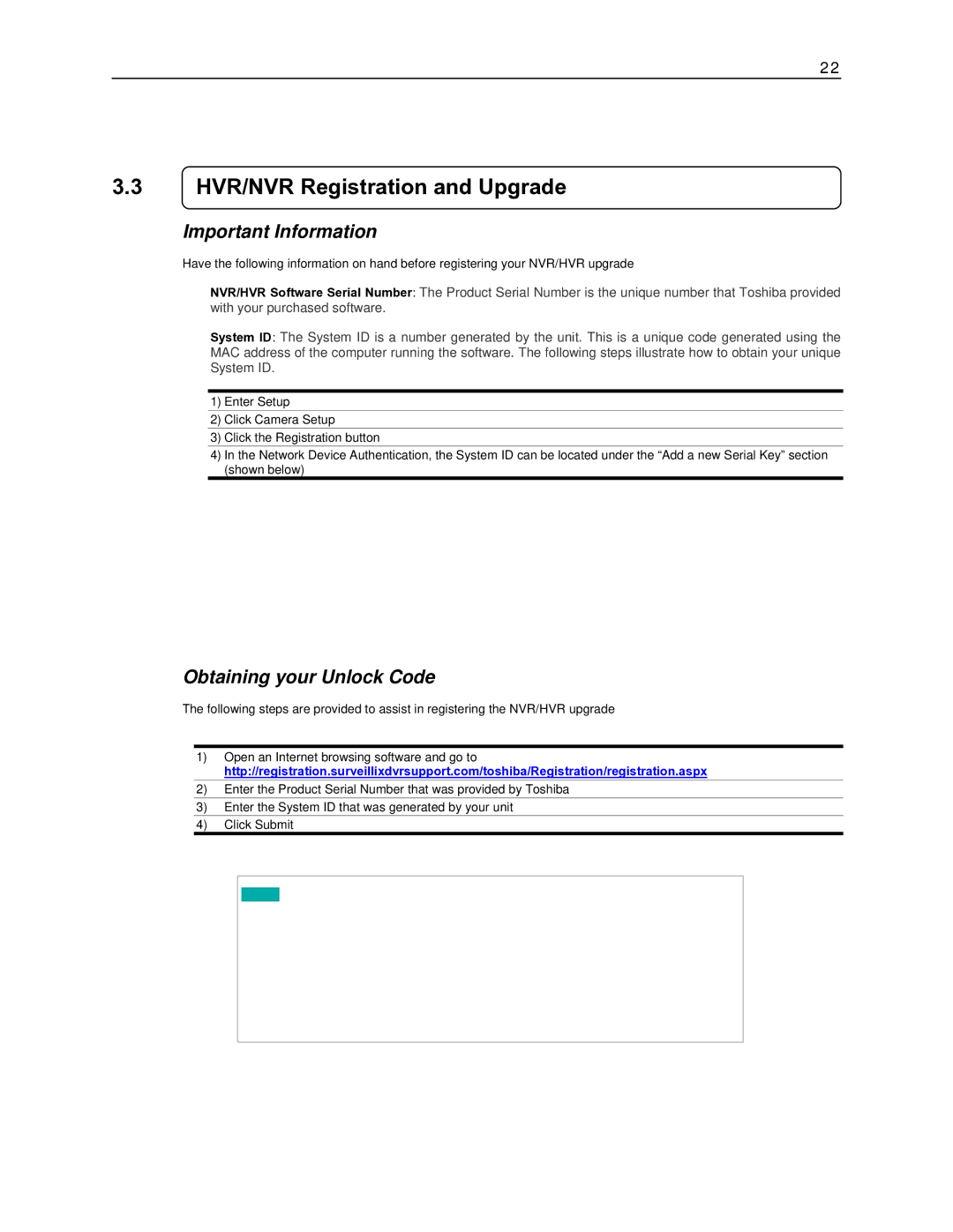 Toshiba EVR32-X, EVR8-X, DVR16-X, DVR8-X HVR/NVR Registration and Upgrade, Important Information, Obtaining your Unlock Code 