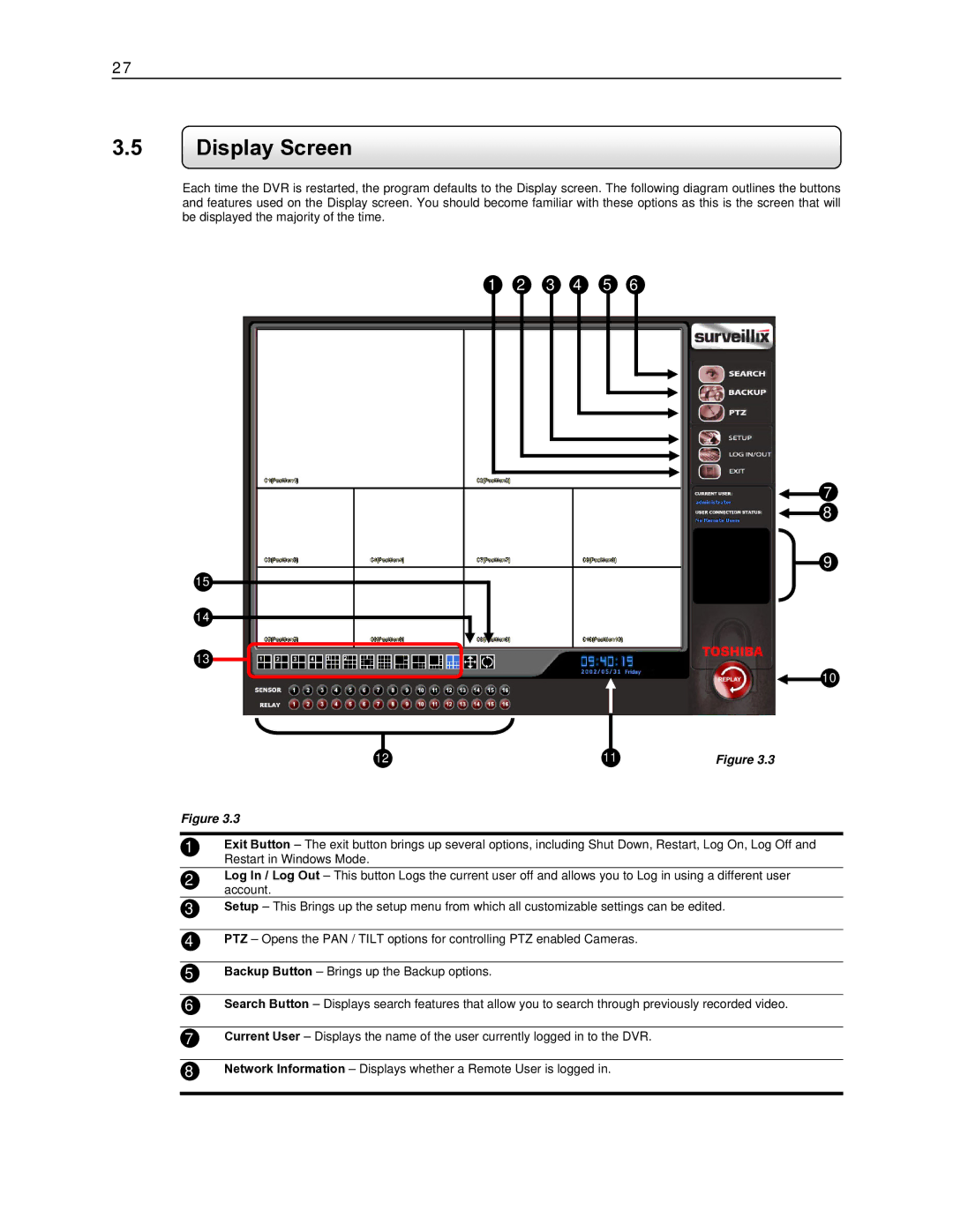 Toshiba EVR8-X, EVR32-X, DVR16-X, DVR8-X, EVR16-X, EVR64-X user manual Display Screen, 3 4 5 