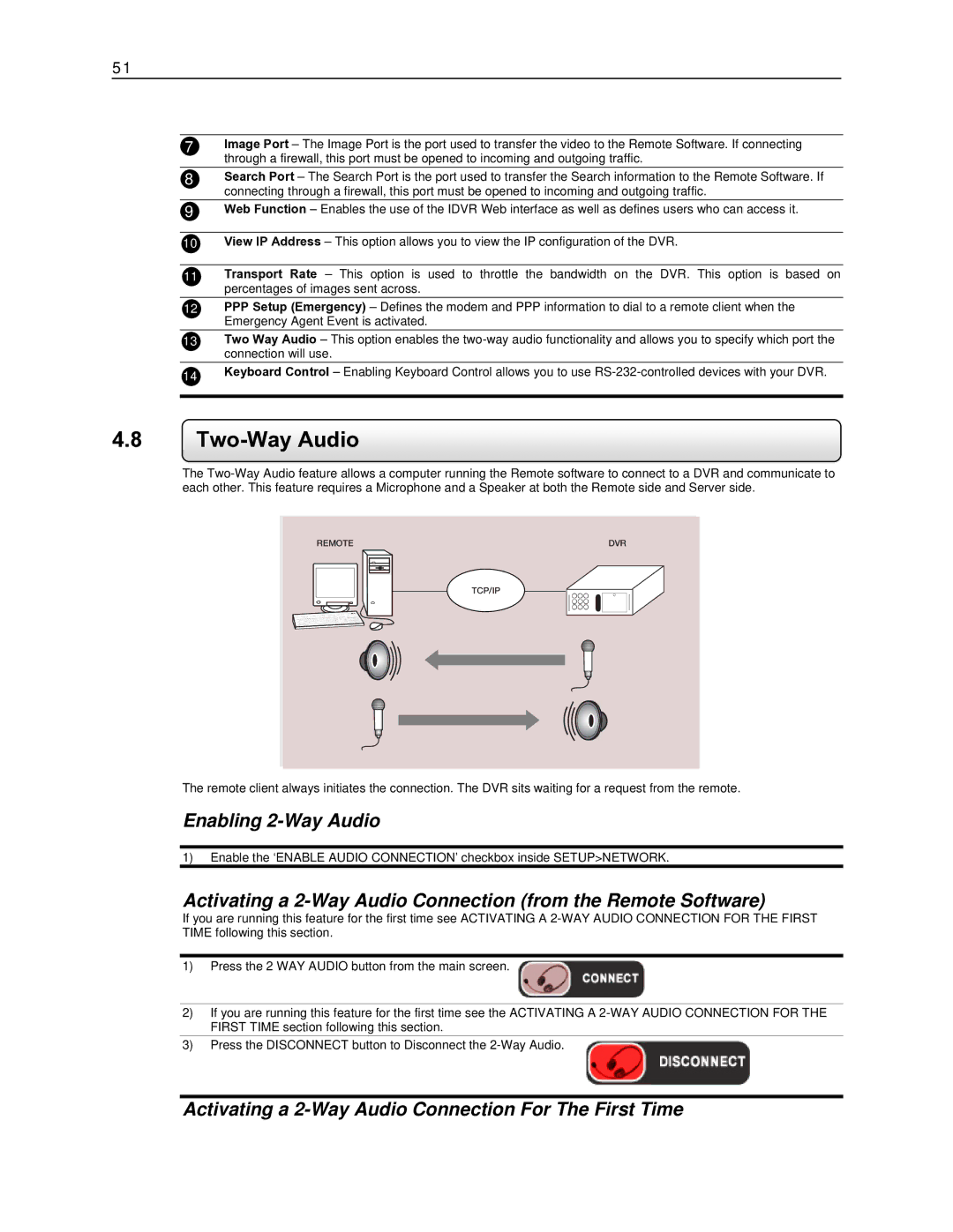 Toshiba EVR8-X, EVR32-X, DVR8-X Two-Way Audio, Enabling 2-Way Audio, Activating a 2-Way Audio Connection For The First Time 