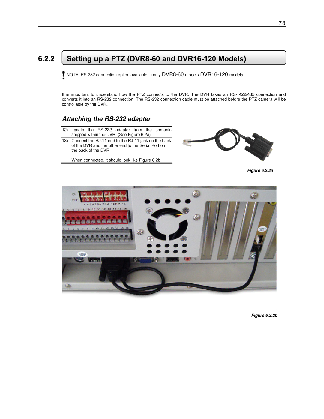 Toshiba DVR8-X, EVR8-X, EVR32-X, DVR16-X, EVR16-X Setting up a PTZ DVR8-60 and DVR16-120 Models, Attaching the RS-232 adapter 