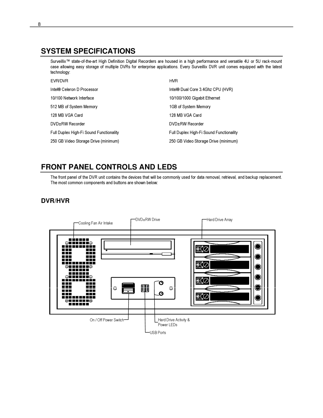 Toshiba HVR16-X, EVR8-X, EVR32-X, HVR32-X, HVR8-X, DVR16-X manual System Specifications, Front Panel Controls and Leds, Dvr/Hvr 