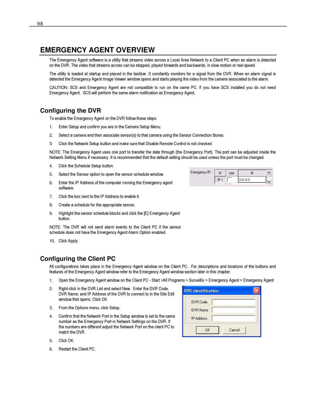 Toshiba HVR32-X, EVR8-X, EVR32-X, HVR8-X, HVR16-X Emergency Agent Overview, Configuring the DVR, Configuring the Client PC 