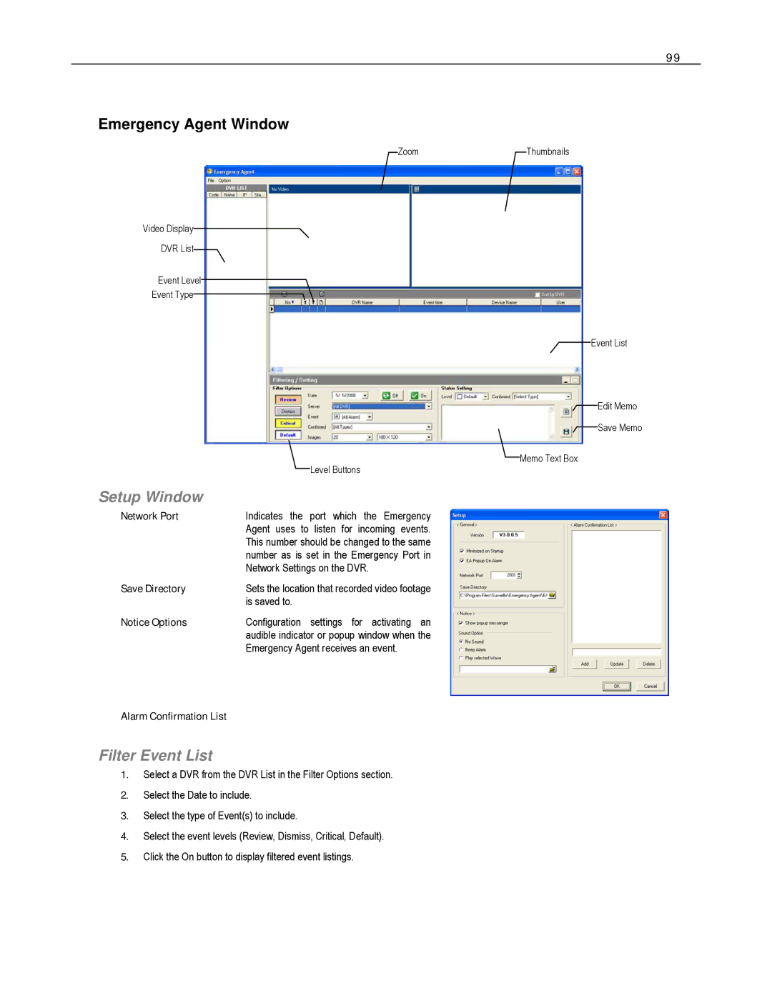 Toshiba HVR8-X, EVR8-X, EVR32-X, HVR32-X, HVR16-X, EVR16-X user manual Emergency Agent Window, Setup Window, Filter Event List 