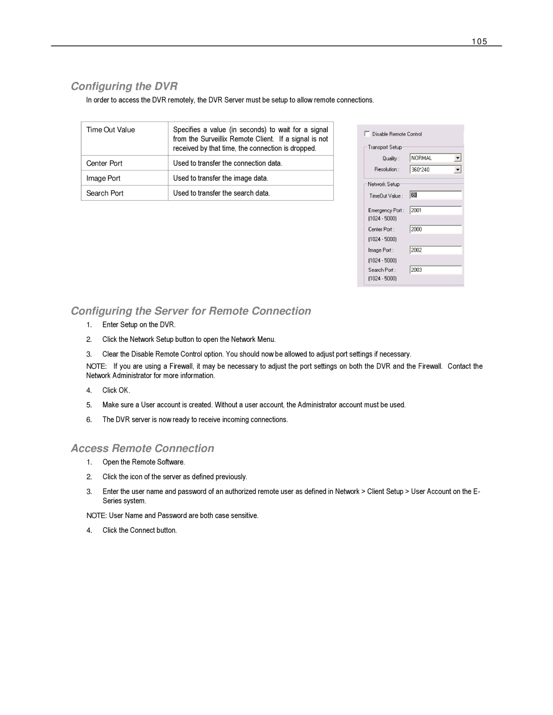 Toshiba HVR8-X, EVR8-X, EVR32-X Configuring the DVR, Configuring the Server for Remote Connection, Access Remote Connection 